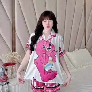 Cute Cartoon Print Women's Pajama Set - White & Pink